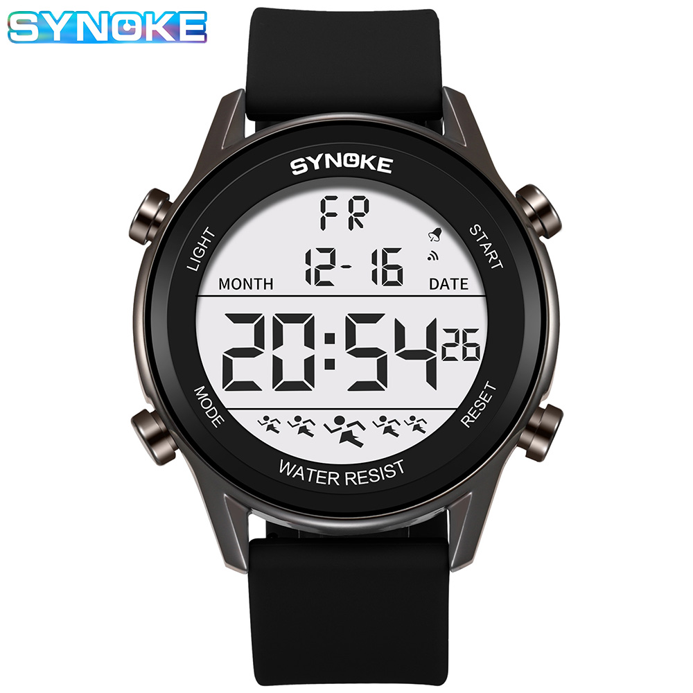 SYNOKE-Reloj de silicona para hombre, cronógrafo multifuncional, resistente al agua, pantalla grande, luminoso, LED, Digital, para deportes al aire libre: Negro