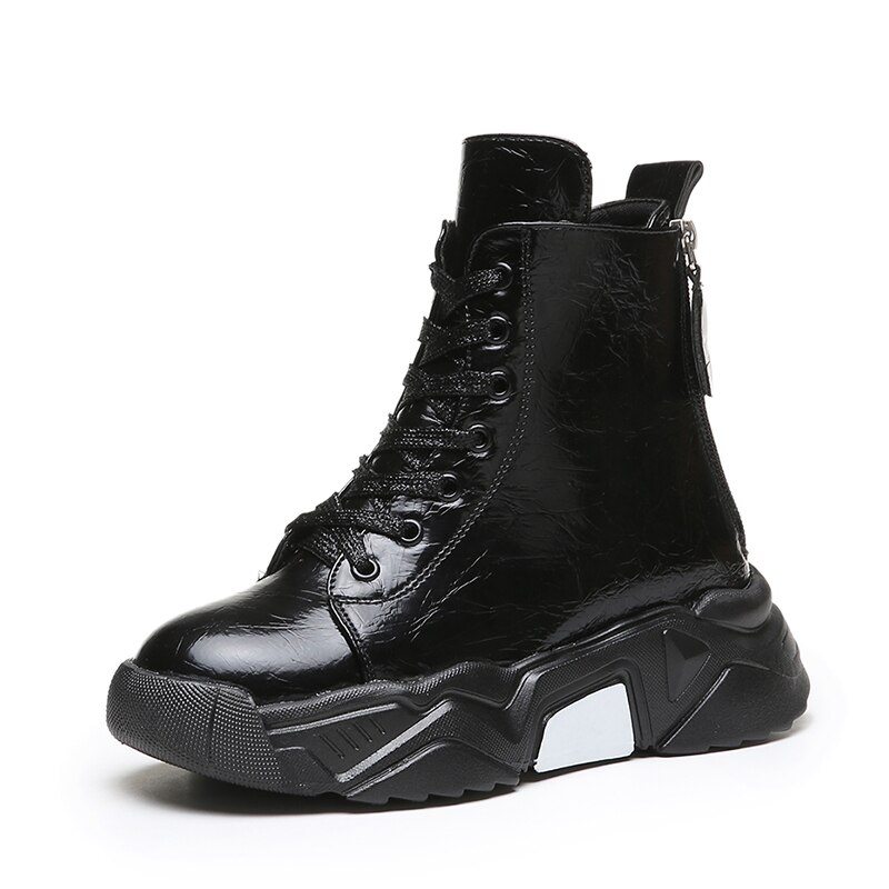 Height Increasing Sneakers Platform Shoes Woman Casual Shoes Thick Sole Waterproof Back Zipper Lace-up Bling Women Shoes I035: black / 7.5
