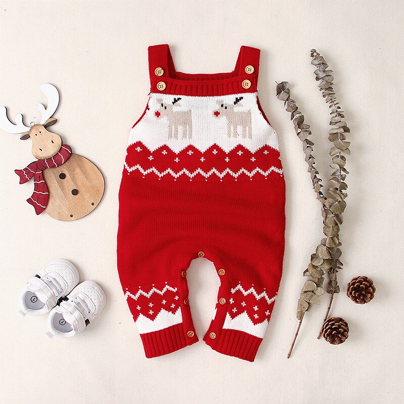 Macacão de natal do bebê traje meninos meninas dos desenhos animados suspensórios macacão roupas outono inverno bebê crianças sem mangas tricô macacão: Red / 100cm