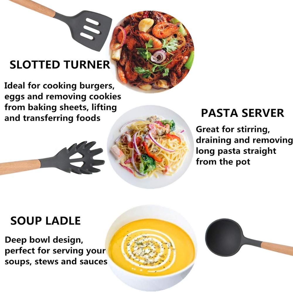 12 Pçs Siliconen Utensílio De Cozinha Conjunto Bpa Livre Não Tóxico Utensílios De Cozinha Alça De Madeira Com Caixa De armazename