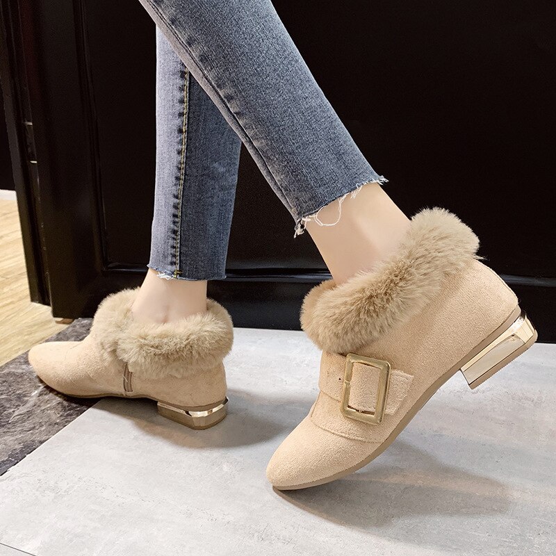 Aksamitne, pluszowe, krótkie botki z klamrą robić paska, zamkiem błyskawicznym, szpiczastymi noskami, zimowe, ciepłe, bawełniane, botki damskie na niskim obcasie