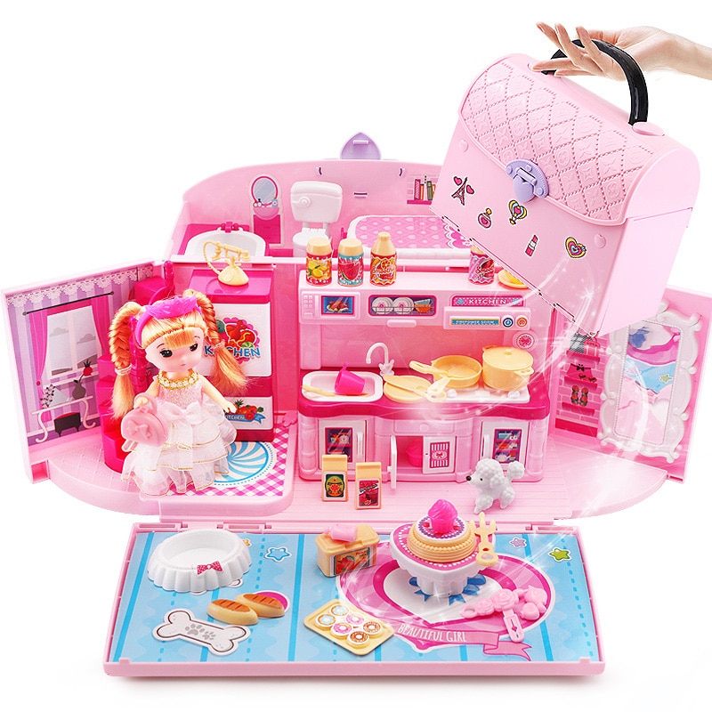 Pretend Play Kids Make Up Toys Luxury Simulation Dollhouse Handbag Toys for Girls Princess Kitchen Bedroom Miniature Furniture