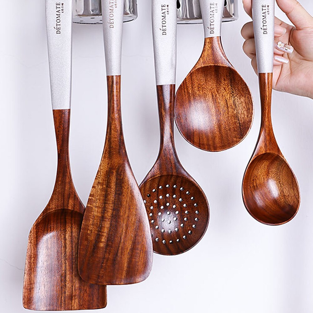 Laca de teca sencilla, utensilios de cocina coloridos, cocina de madera maciza, utensilios domésticos de cocina respetuosos con el medio ambiente
