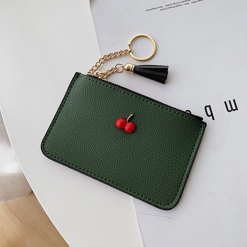 Enkel körsbär koreanskt pu-läder ultratunn klämma mjukt läderfransar dragkedja kort plånbok damkortväska noll plånbok: Grön