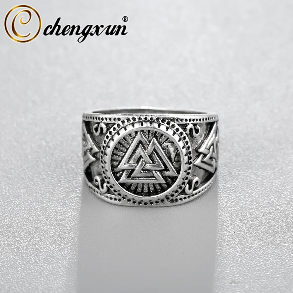 CHENGXUN Viking Round Big Width Signet Ring Finger Men Black silver color Valknut Vintage Jewelry 15mm