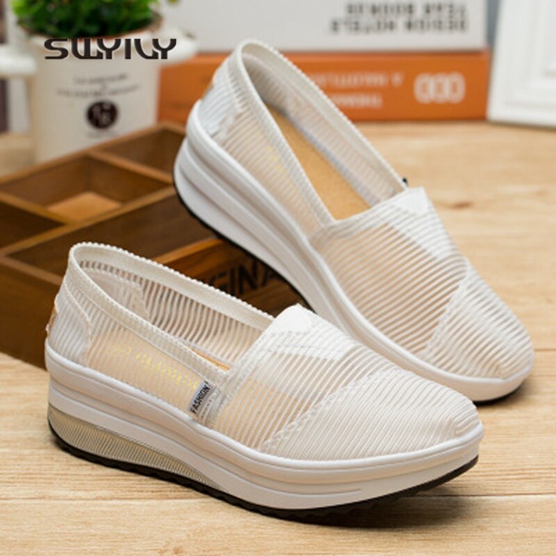 SWYIVY Women Toning Shoes Mesh Breathable Thick-sole Swing Shoes Summer Hollow Ultra-light Soft Female Slimming Shoes