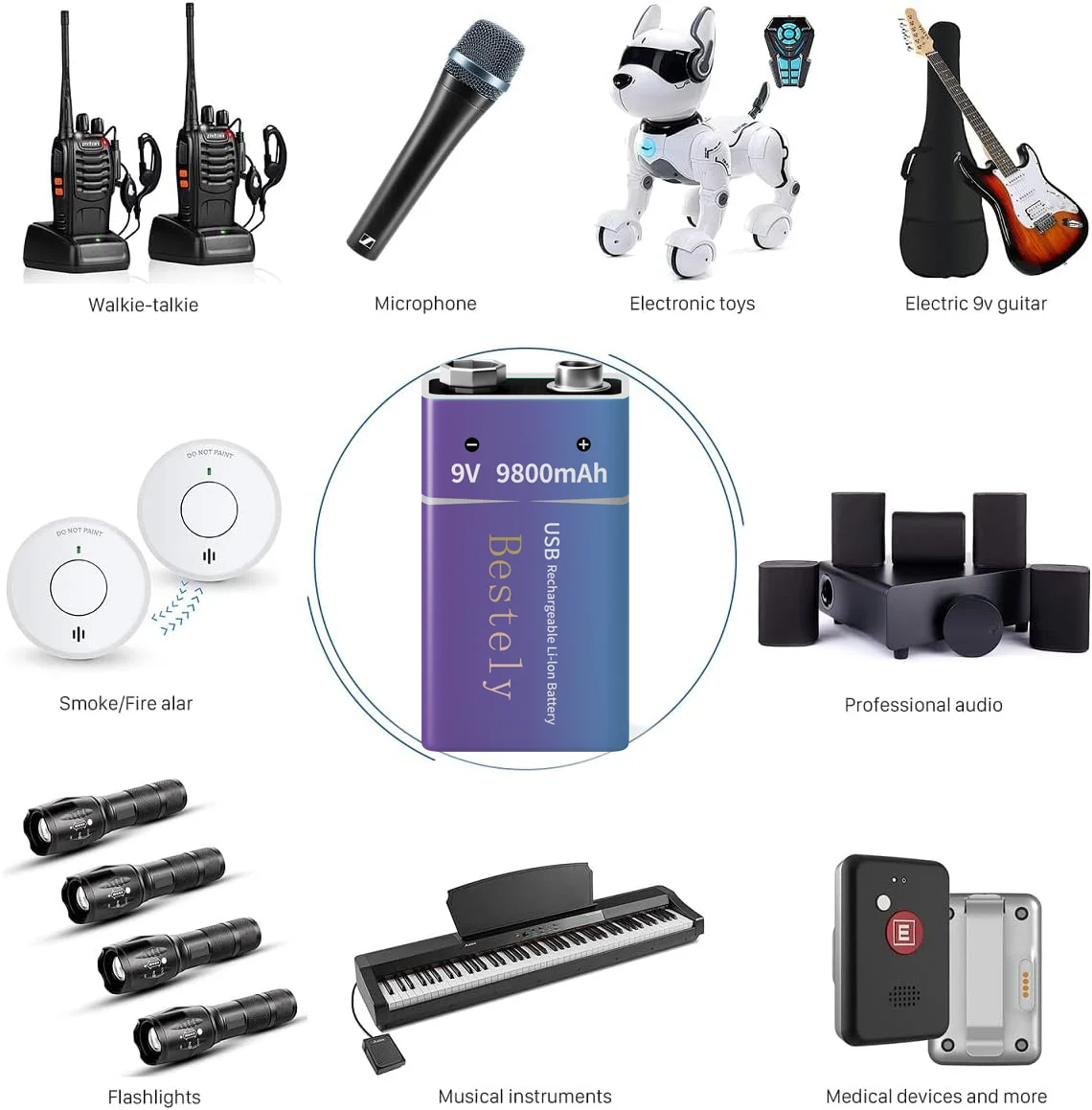 9V Rechargeable Lithium Battery , 9800mAh Long Lasting 9v Li-ion Batteries with Cable ,for Smoke Detector,Alarms,Microphone