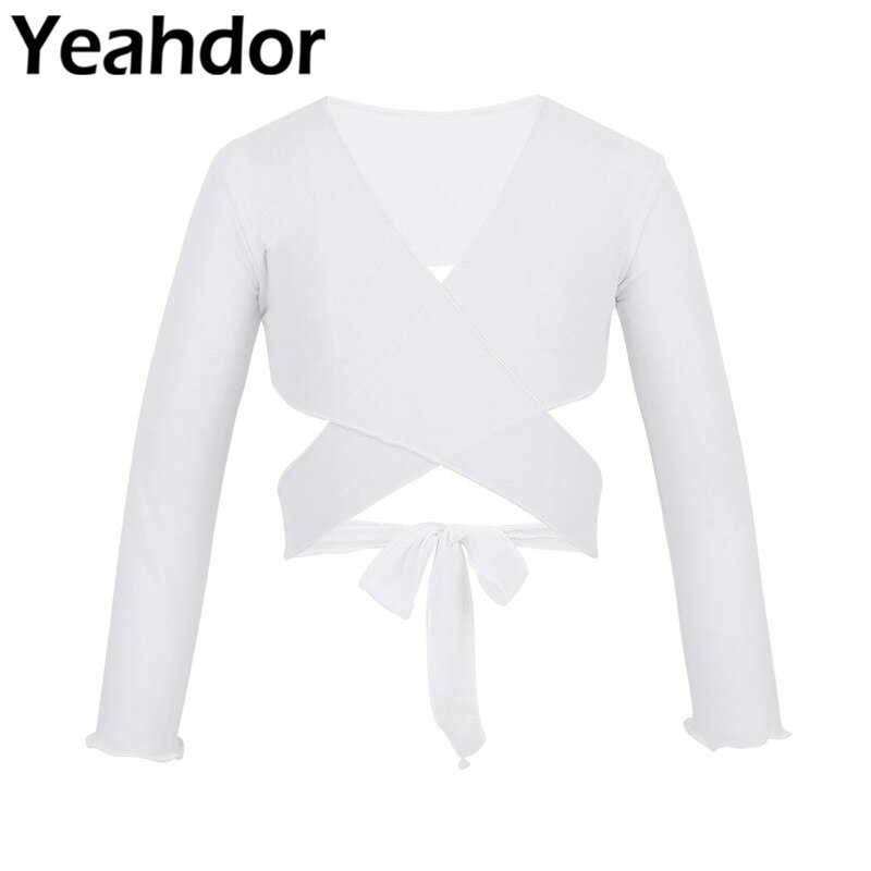 Kids Girls Classic Mesh Ballet Costume Long Sleeve Wrap Top with Adjustable Tie Closure Flower Bridesmaid Wedding Dress Wrap