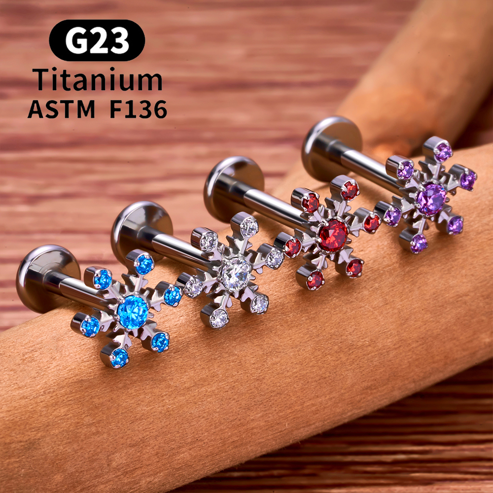 G23 Titanium Sneeuwvlok Kers Hartvorm Platte Achterkant Stud Oorbel 16G CZ Oor Tragus Kraakbeen Helix Conch Kwab piercing Sieraden