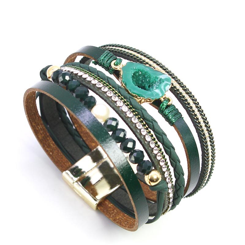 D & D pulseras de cuero de cristal para mujer estilo Retro Boho tejido ancho multicapa Charm Bracelet & Bangles joyería femenina