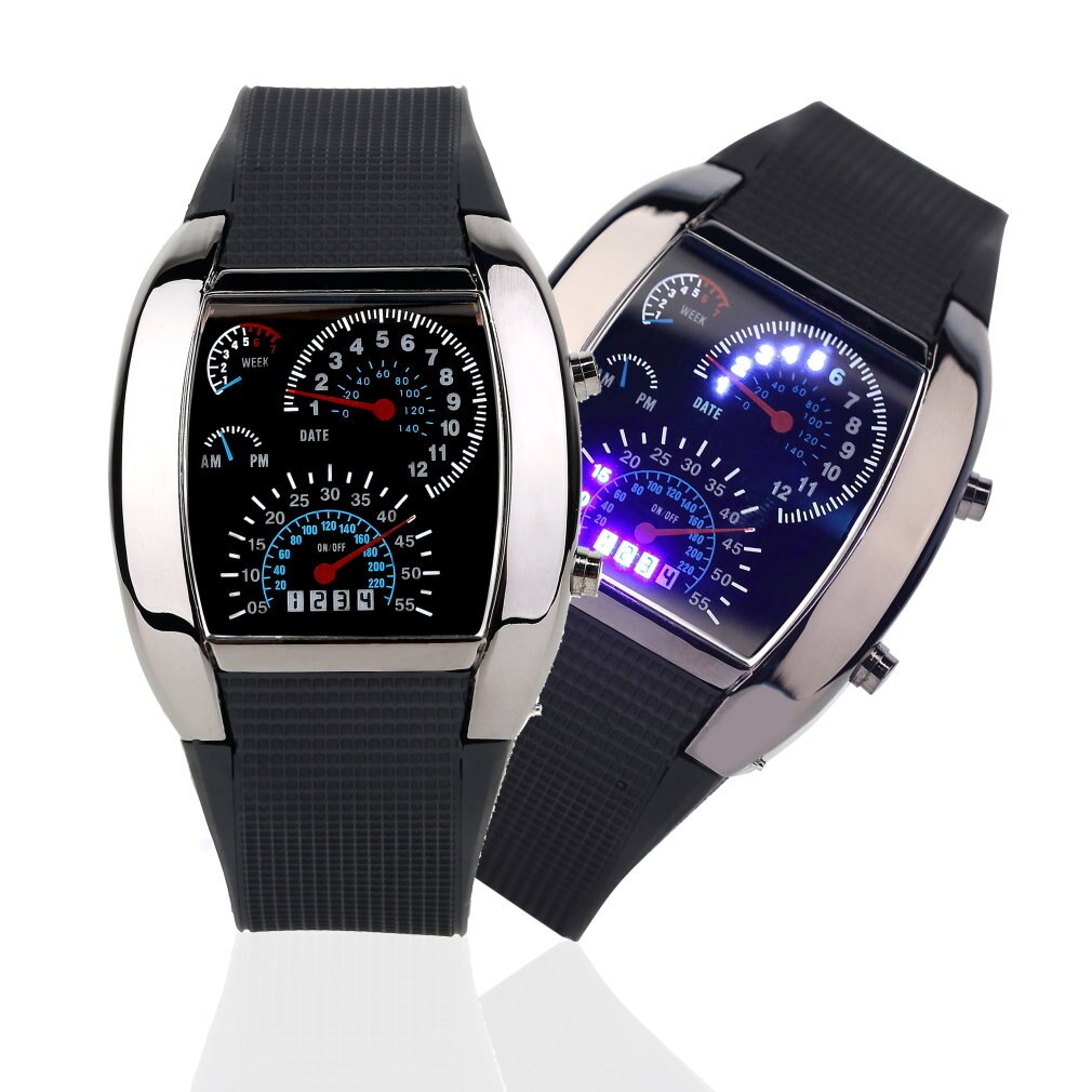 Unisex Car Speed Meter Dial LED Wrist Watch Flash LED Sports RPM Blue & White Men WatchNice