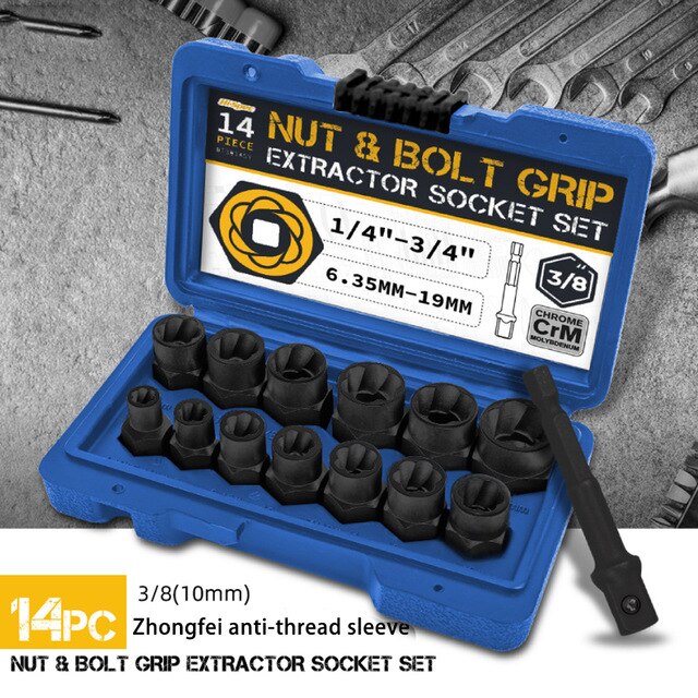 Anti-Theft 14pc Nut And Bolt Extractor Tool Set Bolt Nut Removal Extractor Multi-Functional Socket Tool Set: Bluer