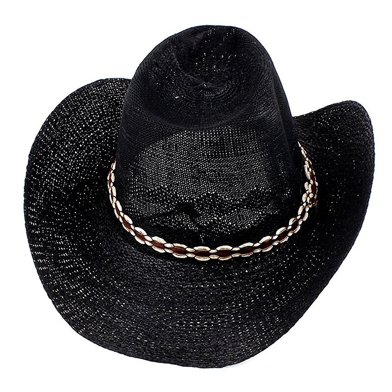 Men's adjustable roll braided black wide-brimmed cowboy hat: Default Title