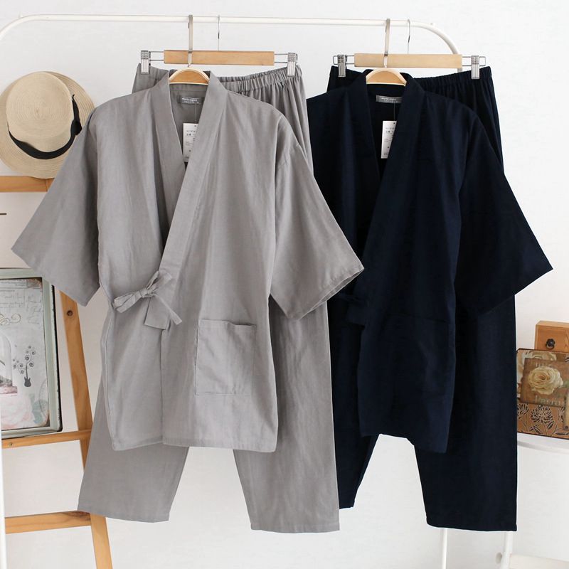 Traditionelle Japanische Pyjama einstellen Männer Baumwolle Nachtwäsche Kimono Bademantel Kleid Japan Stil Solide Kimono Haori Yukata Hause Tragen