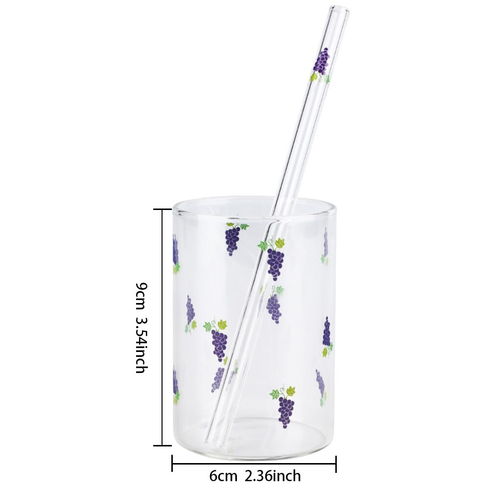 Cute Fruit Printed Glass Mug Cup Heat-resistant Milk Juice Glass Water Cup with Straw Beer Coffee Cup Whiskey Lemon Tea Mugs: F 210ml
