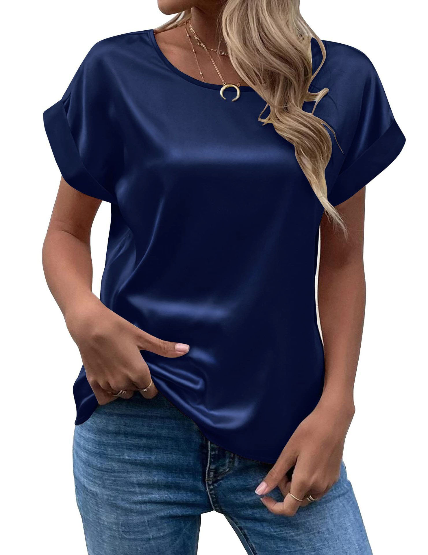 Kvinner sommerstil satengbluser skjorter dame uformelt flaggermusvingermer o-hals ensfarget løse bluser topper: Xl / Marineblå