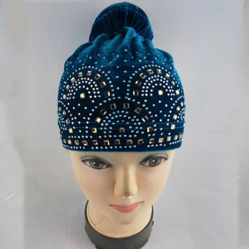 Gorro con diamantes de imitación a la para mujer, tocados de africanos, gorro de terciopelo para el cuidado del cabello, turbante, pañuelo para la cabeza, accesorios para sombrero: Azul cielo