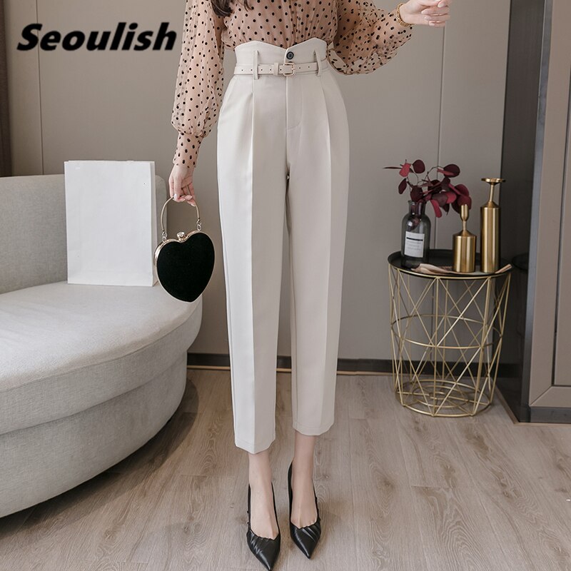 Spring Korean Style Women Formal Harem Pants with Belt High Waist Office Lady Ankle-Length Chic Pants Female