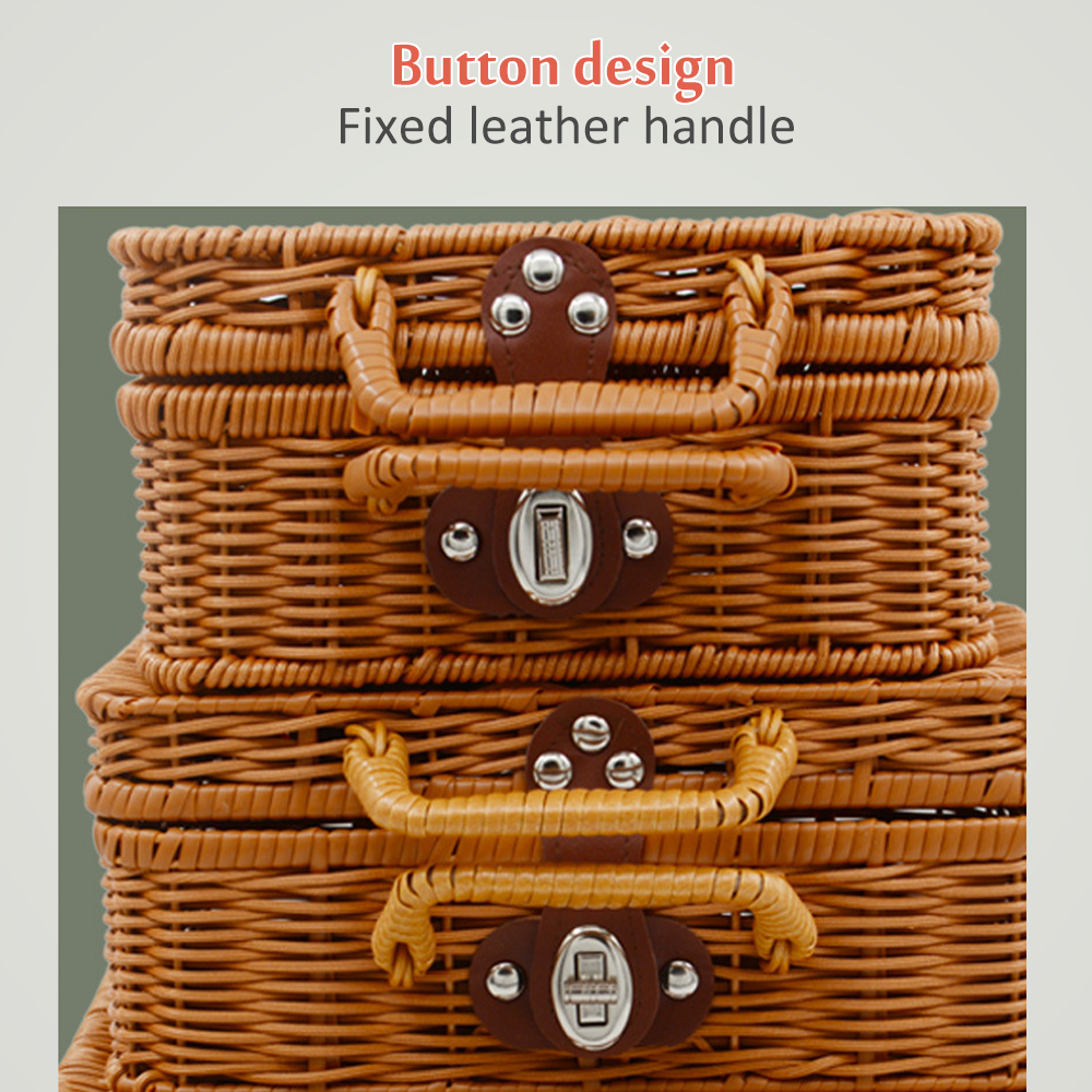 Retro Handwoven Rechthoekige Rieten Handtas, Simulatie Rotan Geweven Koffer Vintage Koffer Opbergdoos Picknick Opbergdoos
