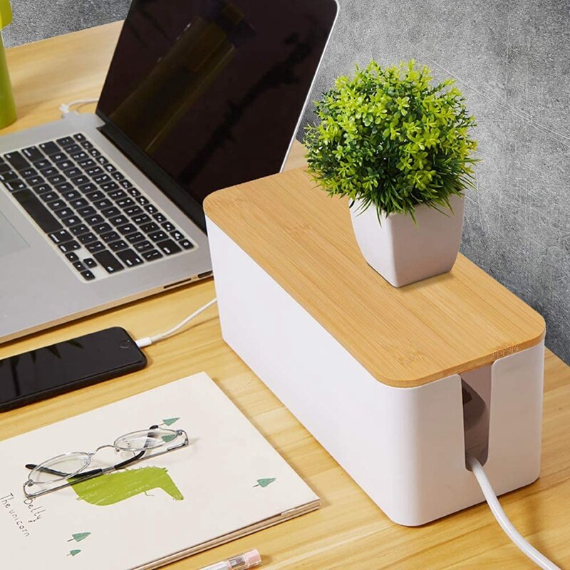 2 Cable Storage Box Large Cable Organizer Box with Bamboo Lid for Hiding Messy Cables Wire Management