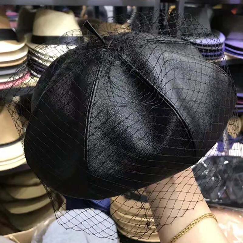 Fascinerende Zwarte Hoed Chic Leer Franse Baret Met Sluier Mesh Show Double Layer Vrouwen Baret Mutsen Cap