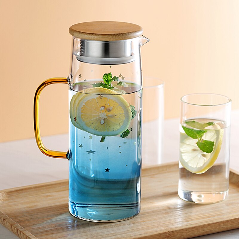 Pichet en verre Pot d'eau résistant à la chaleur cruche d'eau bouilloire couvercle en bambou pour l'eau bouillante thé jus de fruits cruche en verre
