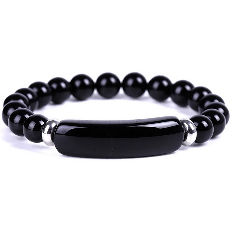 8mm Natural Stone Bracelet Rectangle Bar Charm Beaded Bracelets Handmade Men Women Prayer Fitness Chain Couple Jewelry Xmas: Black Onyx