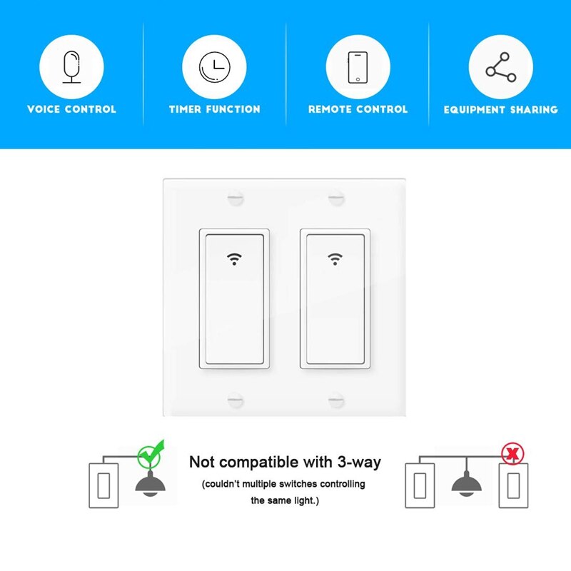 Interrupteur d'éclairage intelligent WiFi 2 gangs pour Alexa Google Home commutateur sans fil norme américaine avec télécommande et minuterie prise Standard américaine