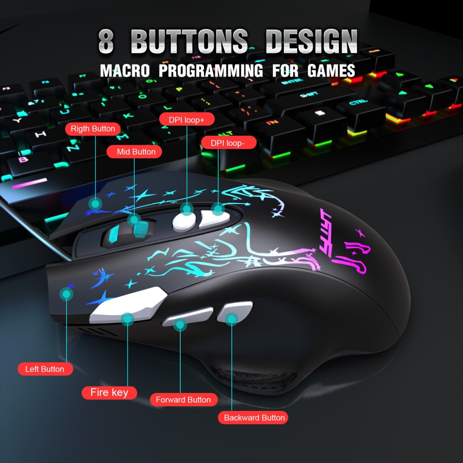 Gaming Mouse Gamer Mice Computer Mause For Xbox PS4 PC Laptop Desktop USB Wired 8 Key 6400 DPI RGB LED Ergonomic Gaming Mouses