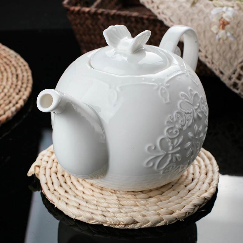 Butterfly Flower Teapot, Milk Pot, Sugar Pot Set Ceramic Bone Porcelain Pure White Porcelain Afternoon Tea, European Lace Coffee