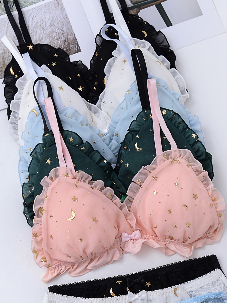 Japanese Womens Sweet Star Print No rims Bra & Briefs Sets Lolita Bowknot Ruffle Underwear Sets Breathable Teen Girls Bra Sets