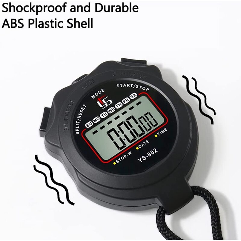 Sports Stopwatch Timer Lap Split Digital Stopwatch With Clock Calendar Alarm, Shockproof Stopwatch