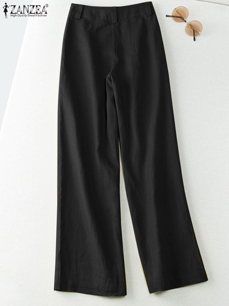 ZANZEA 2025 Primavera Verano mujer pantalones algodón Lino pantalones largos pierna ancha liso vacaciones pantalones casuales ropa de calle pantalones
