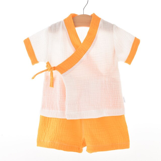 Baby gaze kimono komfort kortærmet børnetøjstøj pyjamas sæt til børn hanfu stil pyjamas jul  z885: Gul / 3t