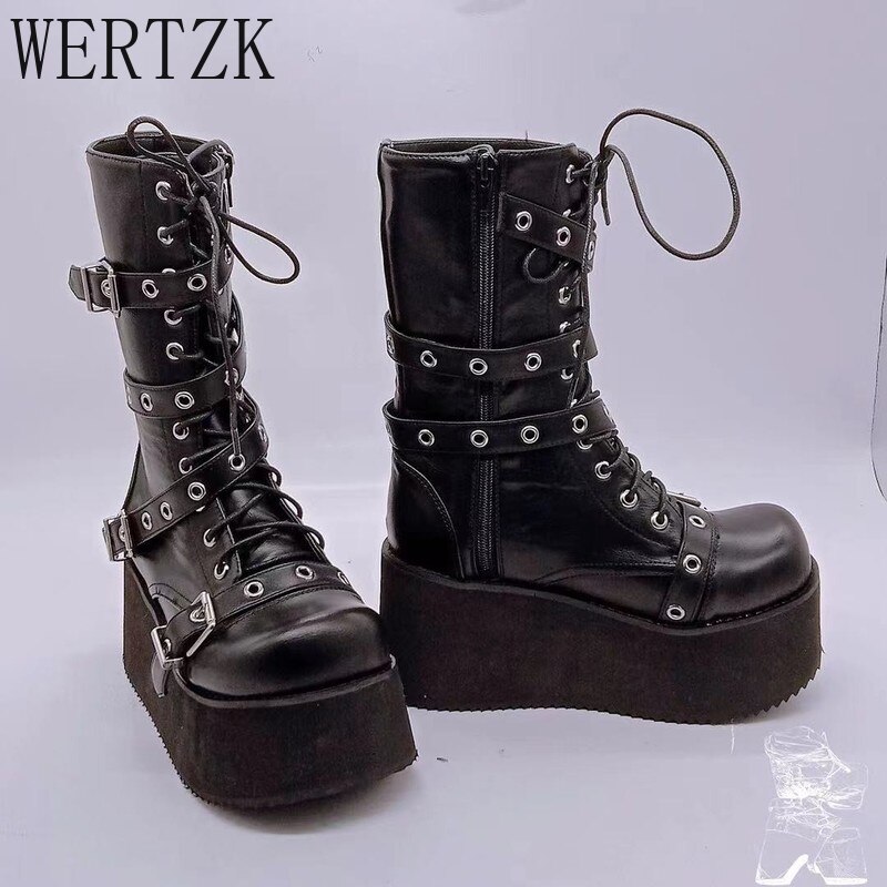 Botas de cuña con plataforma para mujer, zapatos femeninos de estilo gótico, Punk, con correa de hebilla, a la , con cordones, de de , para Otoño e Invierno
