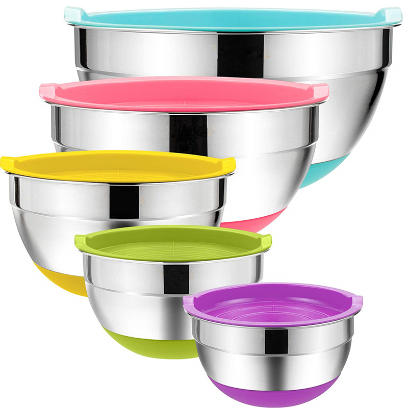 Bols de mélange en acier inoxydable avec couvercles, 5 pièces de 18/20/22/24/26cm, avec fond en Silicone, bols de rangement, de nidification, de préparation de repas