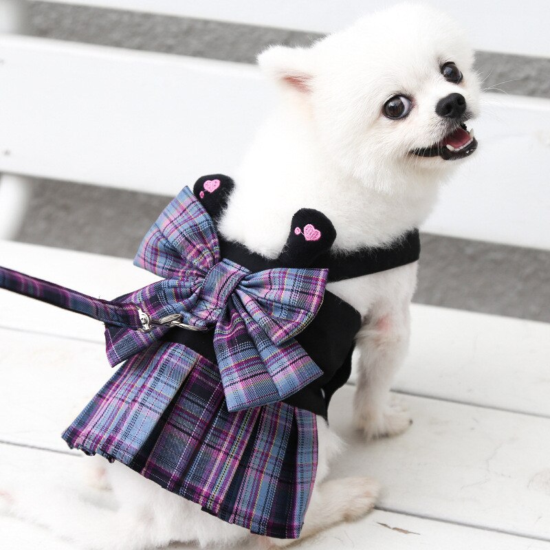 Vestidos para perro o mascota, conjunto de arnés y correa con lazo bonito, ropa de verano a cuadros con anilla para correa para perros pequeños y medianos