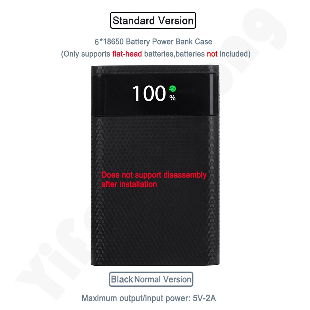 Diy 6*18650 powerbank-gehäuse mit zwei usb-anschlüssen, led-anzeige,  qc3.0 schnelllade-akkuhaltern, lade- und aufbewahrungsbox sowie schutzhülle für mobiltelefone: Normales schwarz
