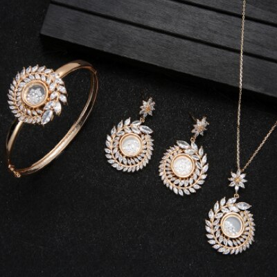 Collar de circonia cúbica + pendiente + brazalete para mujer, conjunto de joyería de boda, rama de olivo, Semi-sector, de , D1383: gold 3pcs set