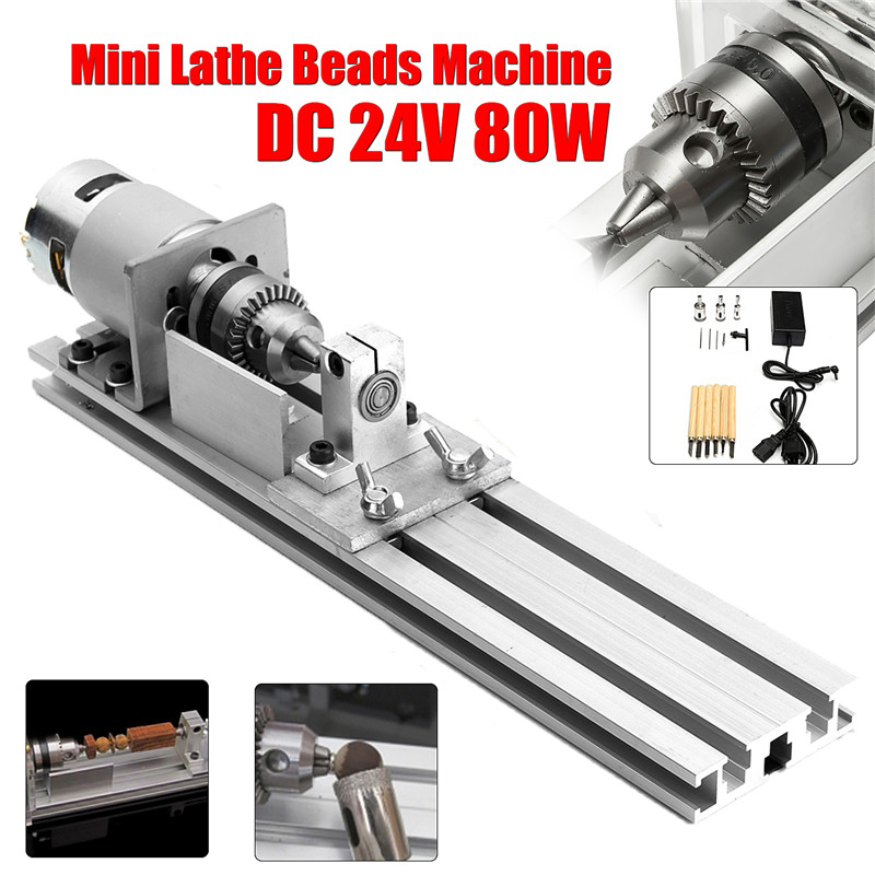 Mini Lathe Beads Machine 80W DC 24V Woodworking DIY Lathe Engraver Set Grinder Polishing Cutting Drill Rotary Tool +Power Supply