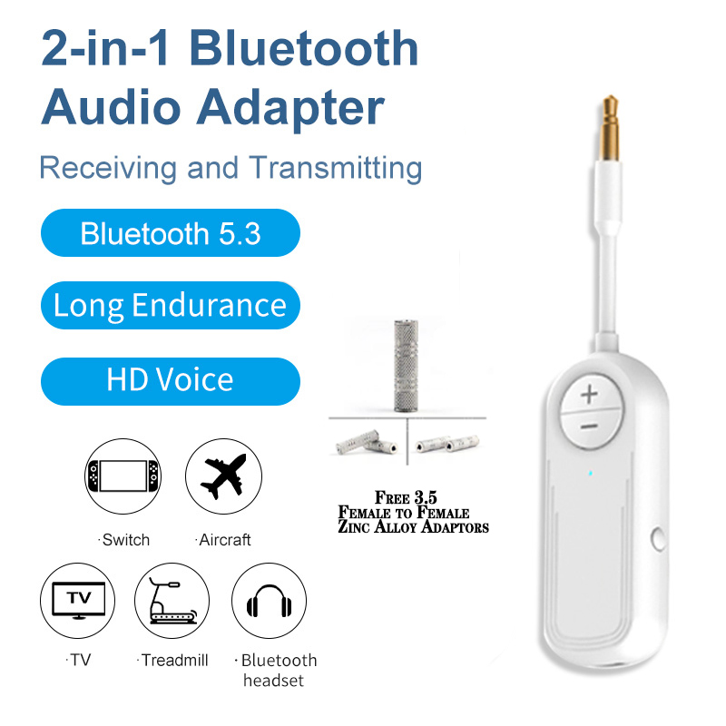 Trasmettitore ricevitore audio Bluetooth 5.3 3.5MM AUX con microfono Adattatore wireless per musica stereo per autoradio Cuffie PC TV Altoparlante: WHITE