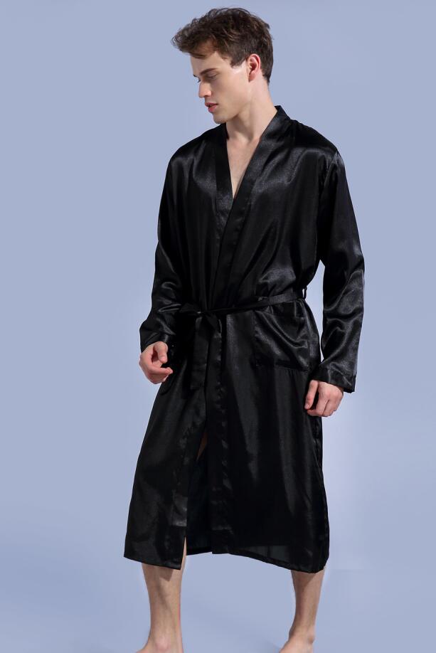 Hvit ensfarget langermet kinesisk herre rayon-kåpe kjole mannlig kimono badekåpe nattøy nattøy pyjamas sml xl xxl: Xxl / Svart
