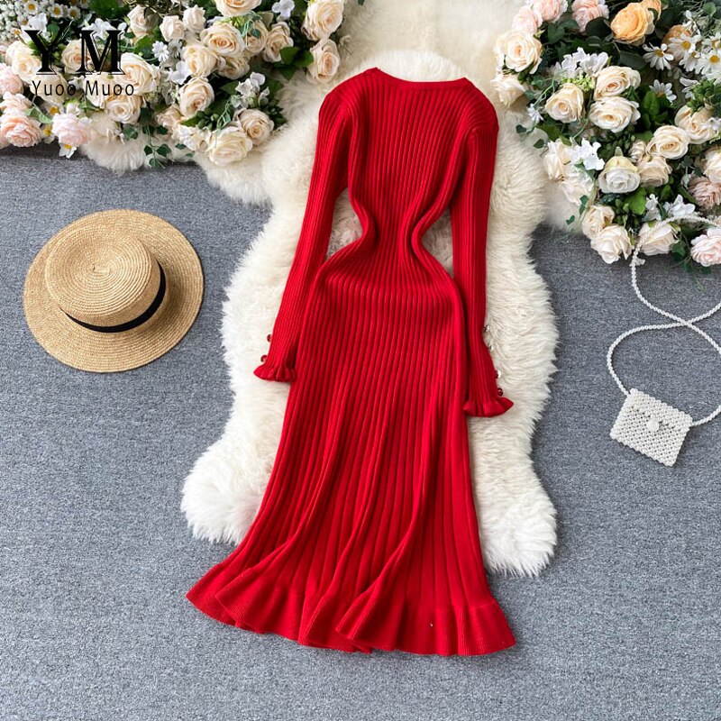 Yuoomuoo Vrouwen Gebreide Lange Jurk Herfst Winter Slanke Lange Mouwen Omzoomd Dames Jurken Elegante Partij Vrouwelijke Rode Trui Jurk