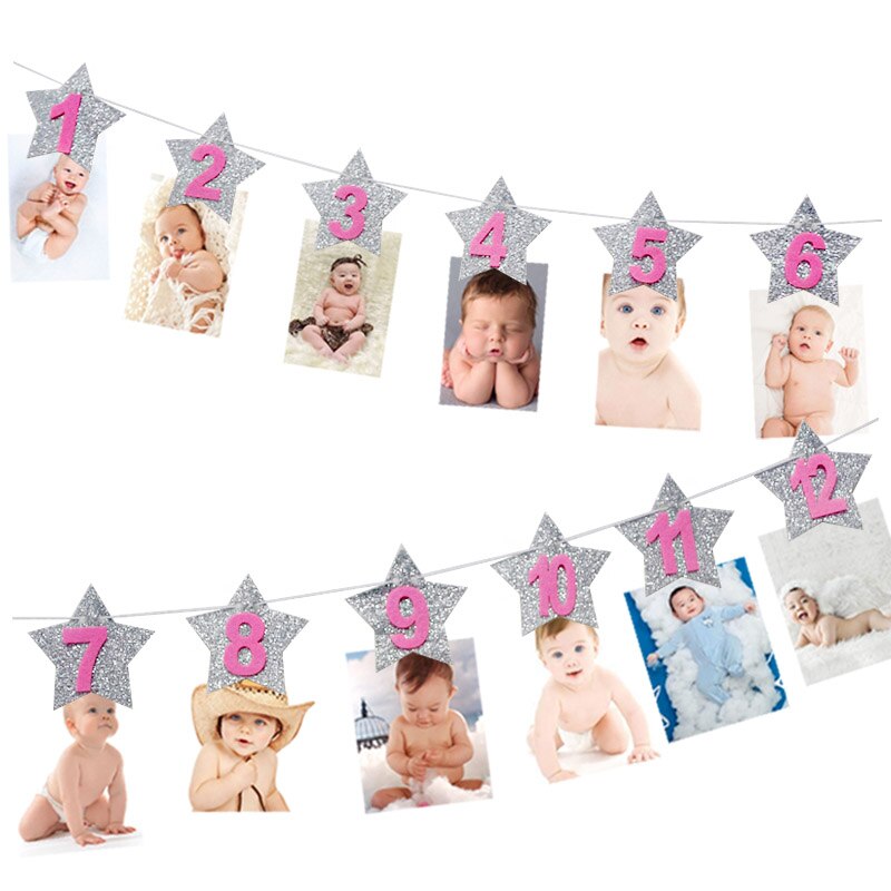 baby shower Kids Frist Birthday Banners 12 Months Photo Frame Bunting Garland Boy Girl 1st One Year Party Decoration Supplies: 8