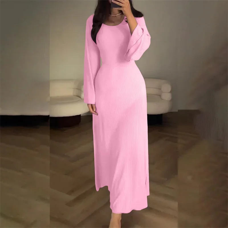 2024 Elegante Dünne Kleider Frauen Zurück Spitze-hoch Kleid Einfarbig Gestrickte Grube Streifen Kleid Herbst Langarm weibliche Kleid: XL / Rosa