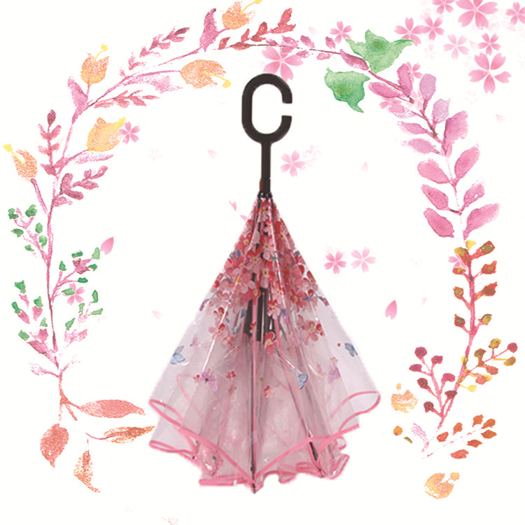 Parapluie Transparent inversé Sakura pour femmes, Double couche, poignée en C, coupe-vent, parapluie pliable, équipement de pluie: Pink Butterfly