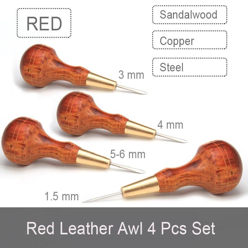 Poinçon de couture artisanal en cuir, manche en bois en forme de diamant, 1.5mm 3mm 4mm 5-6mm, outils de couture faits à la main, bricolage: Red  4 pcs