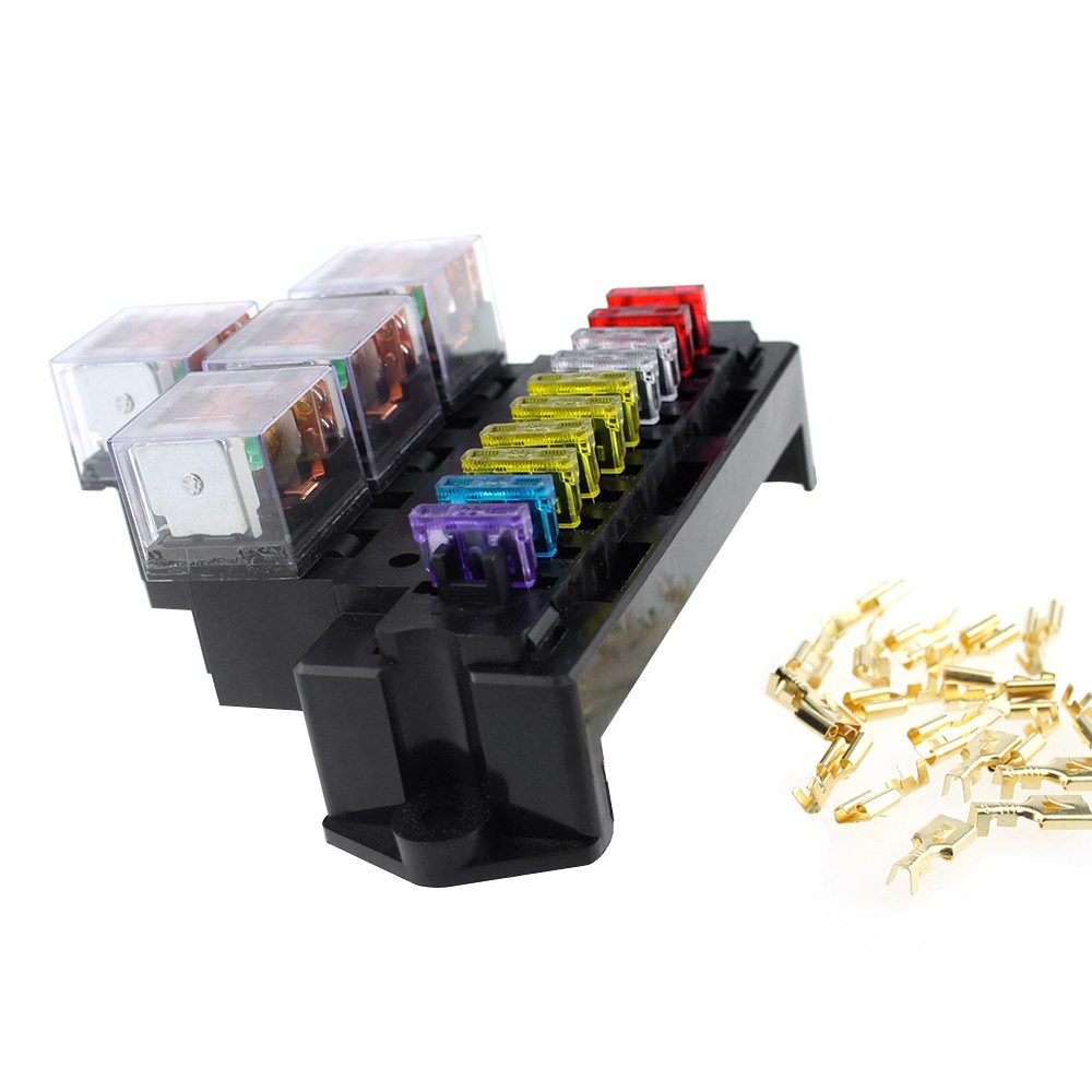 10 Way Fuse Box 5-Pin Socket Base Relay With 13Pcs Standard Blade Fuses