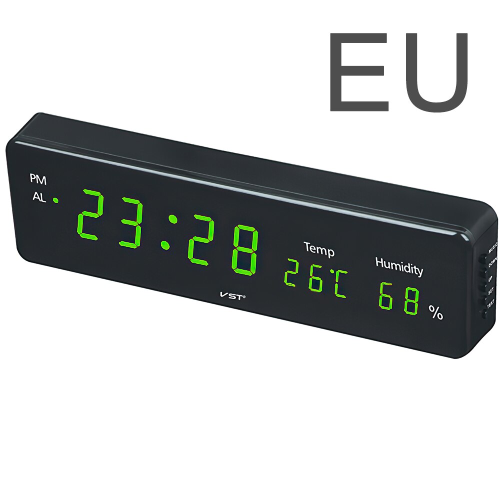 Digital Wall Clock USB Big LED Time Calendar Temperature Humidity Display Desk Table Clocks Electronic Wall Watch EU Plug: Green