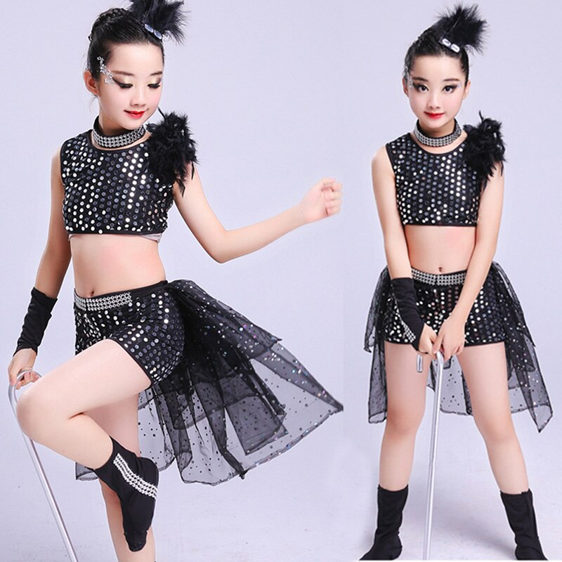 Trajes de baile de Jazz para niña, Ropa de baile para niña de Hip Hop, lentejuelas puesta en escena, trajes de Hip Hop negro: 130cm